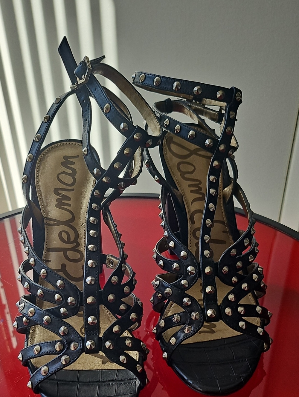 Sam Edelman Black Studded Strappy High Heels with Silver Accents